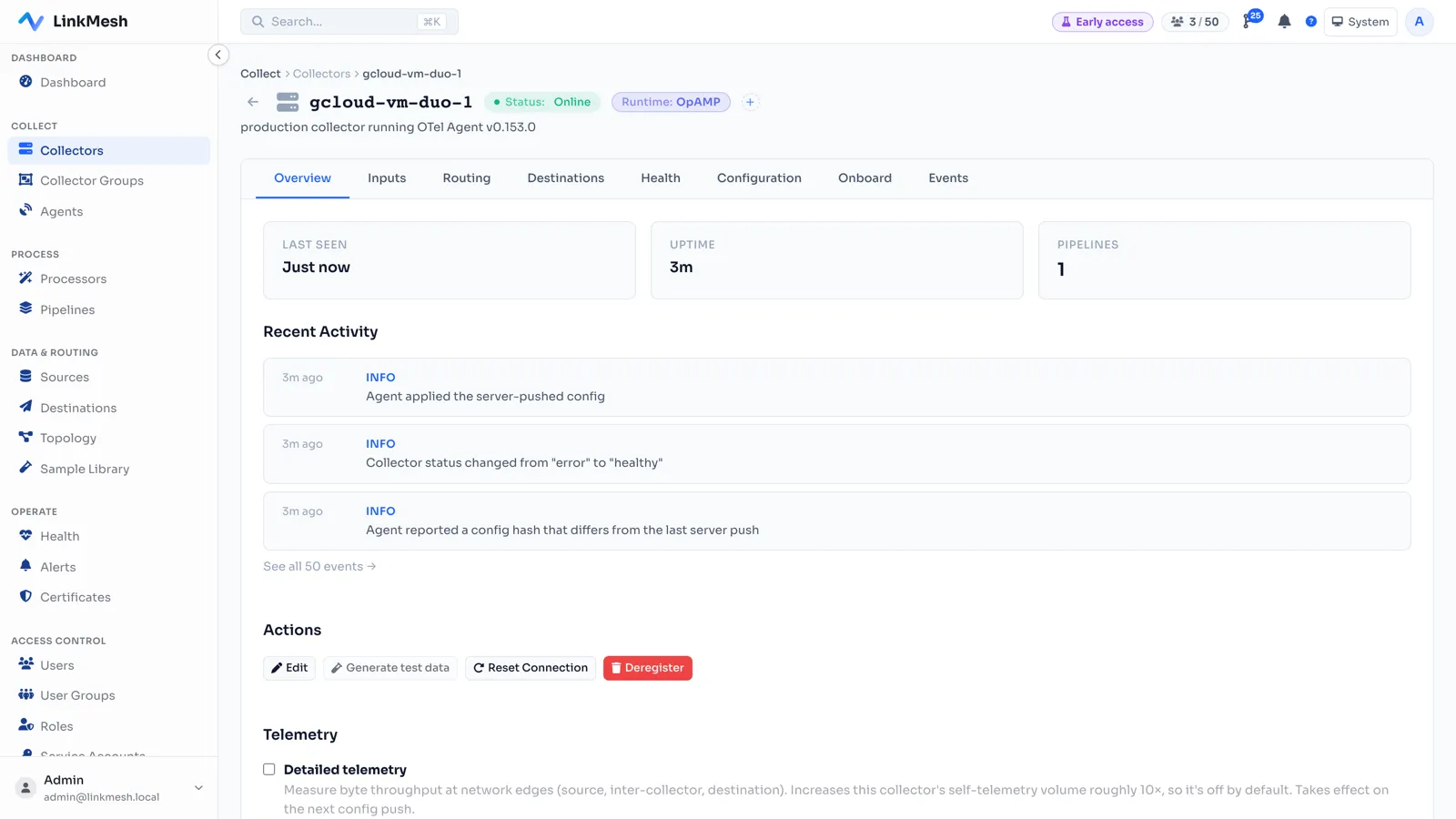 A collector’s detail view — config-apply history, uptime, live telemetry, and lifecycle actions in one place.