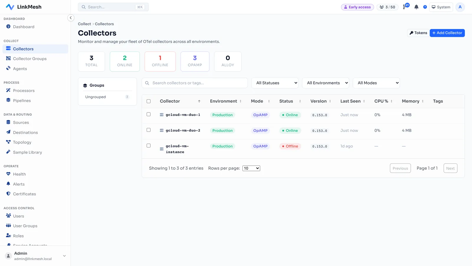 The LinkMesh fleet view — every collector’s status, management mode, version, and last-seen at a glance.