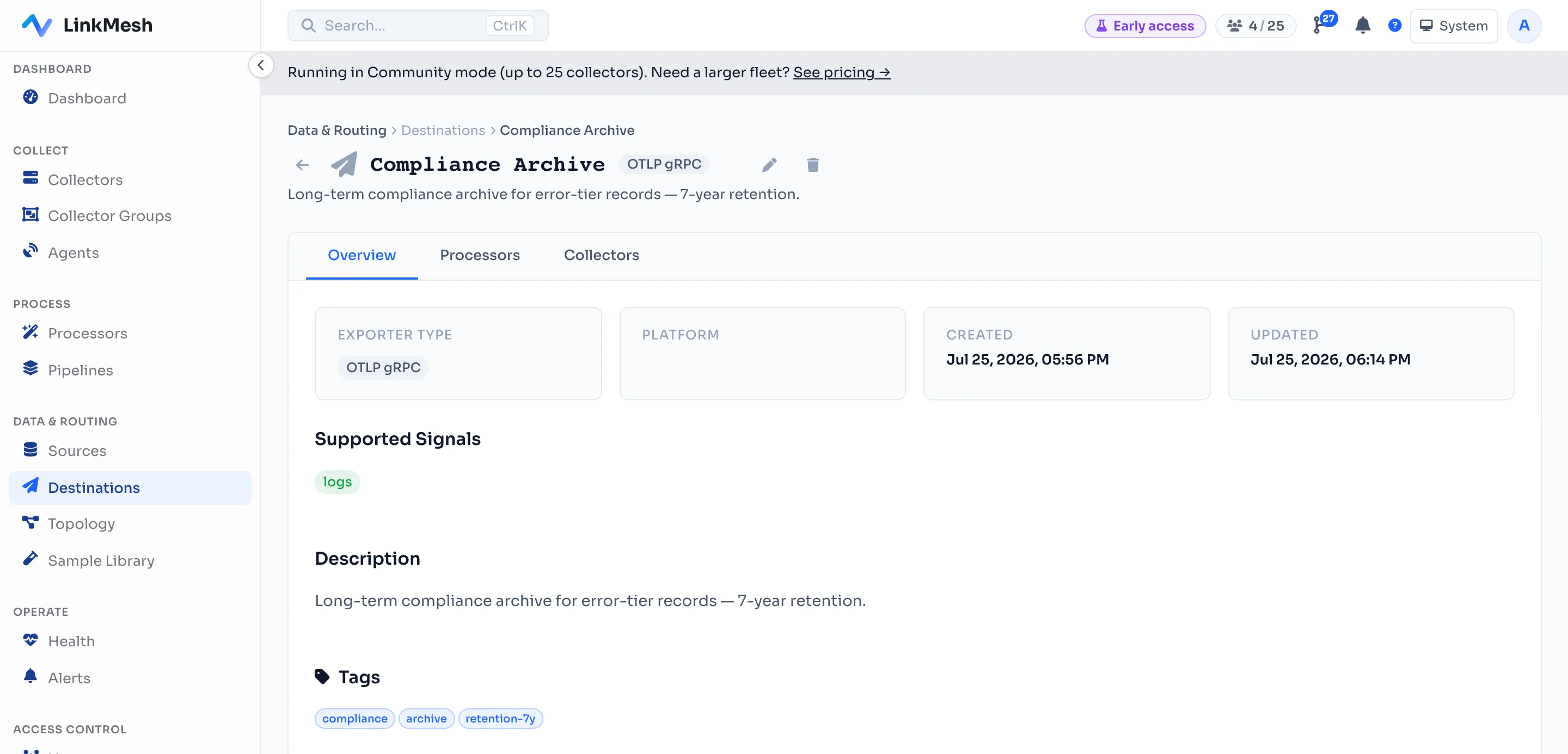 The destination editor in LinkMesh: a “tier: archive” tag added to a destination.