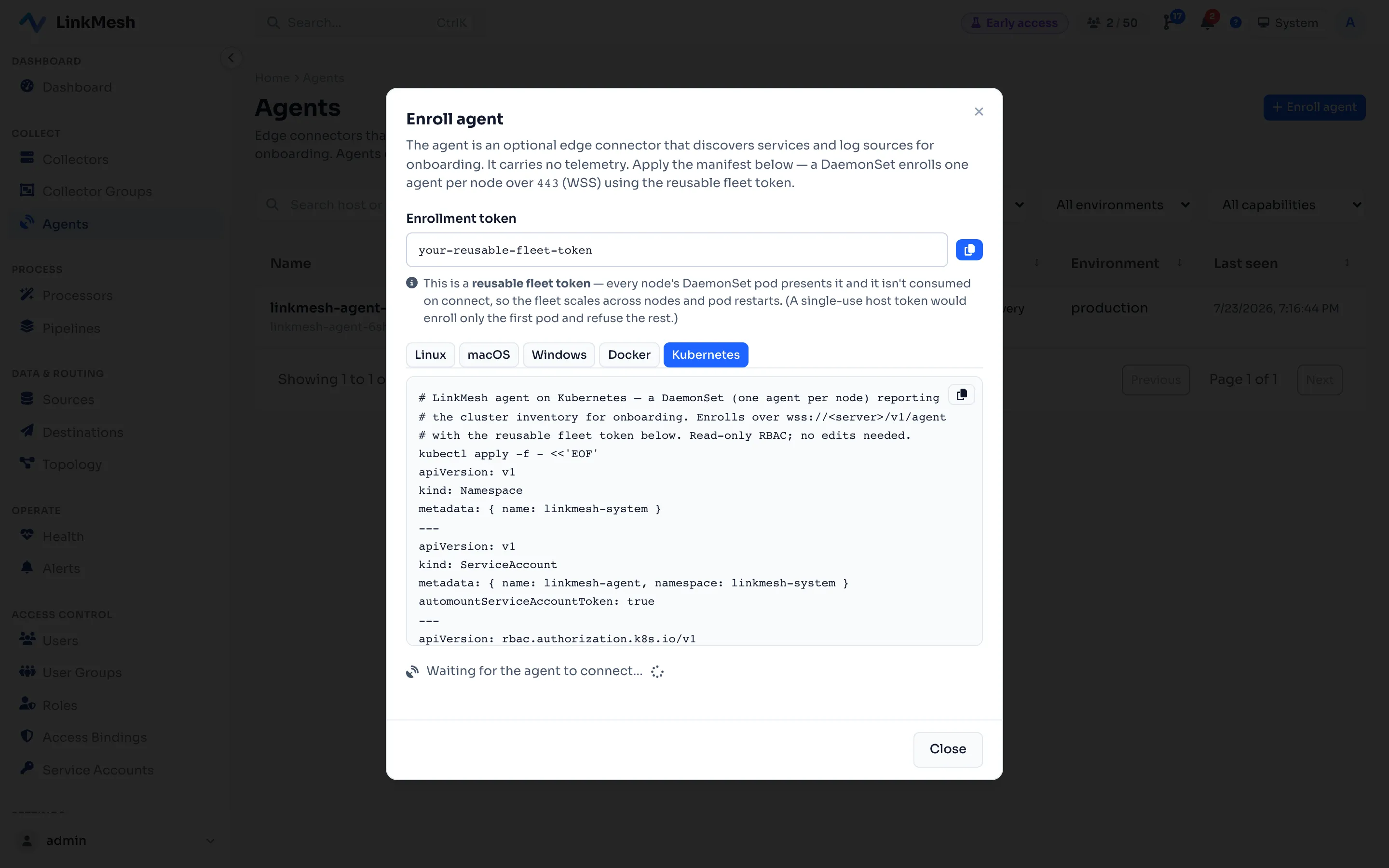 The LinkMesh Enroll Agent wizard’s Kubernetes tab, showing a ready-to-apply DaemonSet manifest with a reusable fleet token