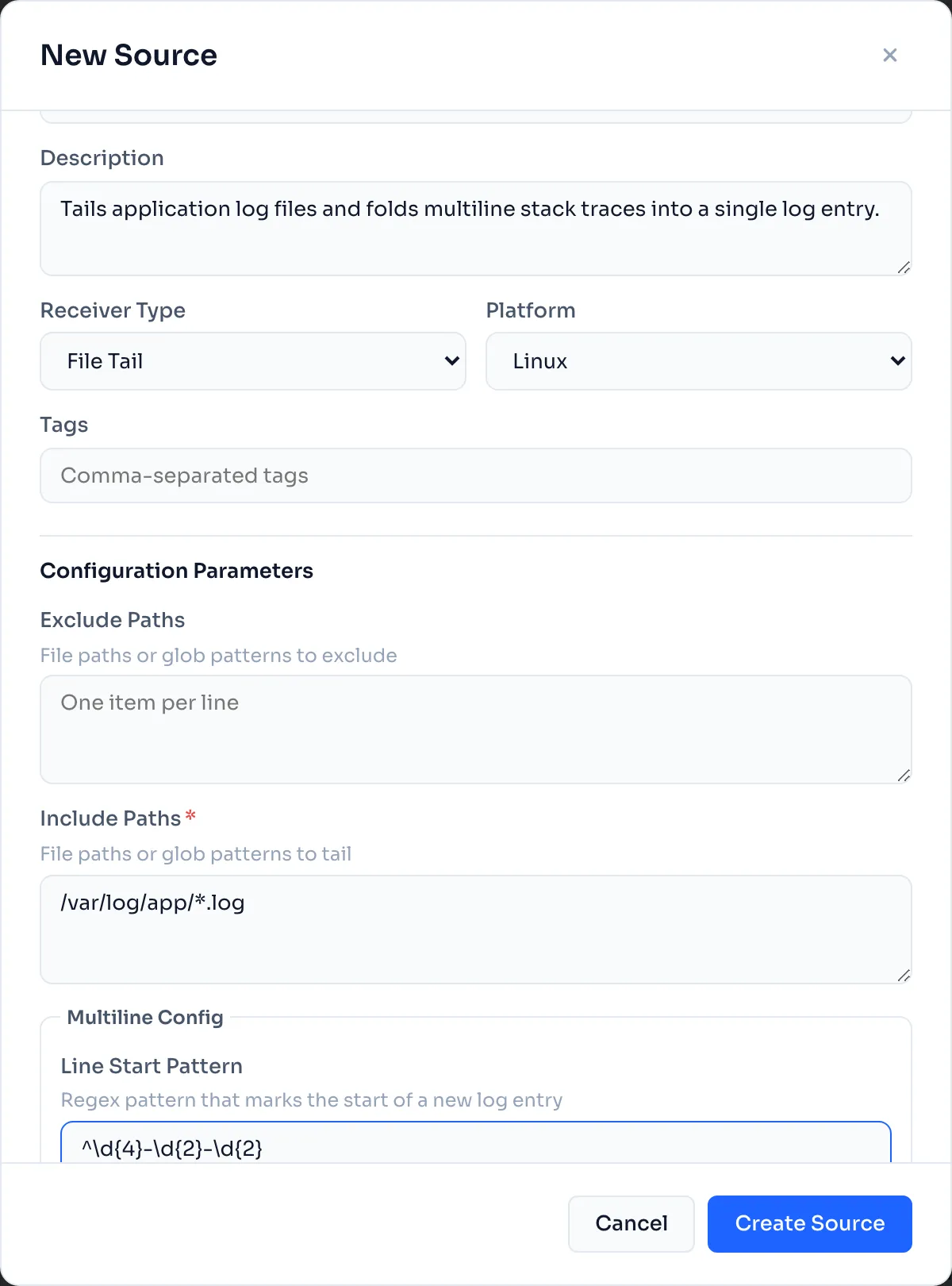 Configuring a File Tail source in LinkMesh: an “Application Logs” source with Include Paths set to /var/log/app/*.log and, in the Multiline Config section, a Line Start Pattern of ^\d{4}-\d{2}-\d{2} — the timestamp that marks the start of each entry, so everything after it folds into the same record.