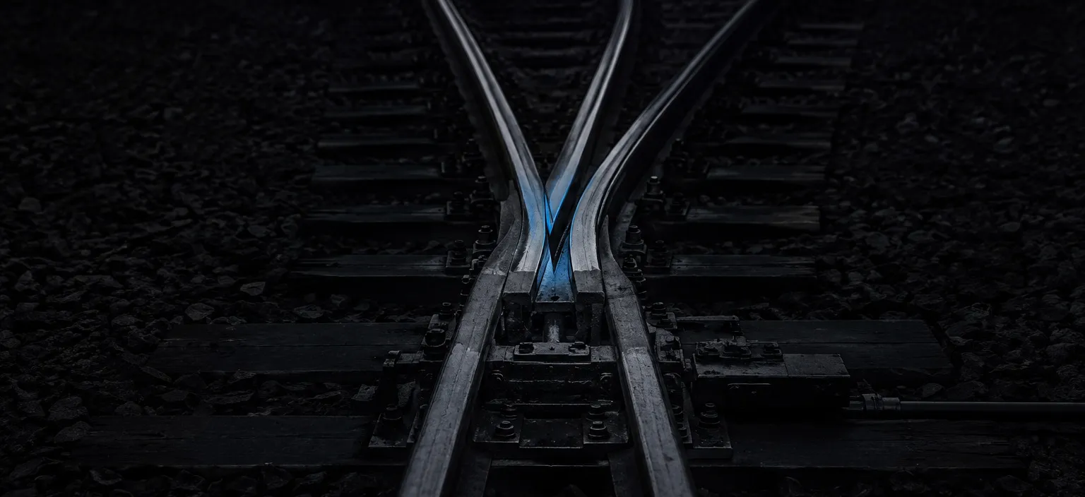 A railway switch with its point blades thrown, the two sound tracks separating
