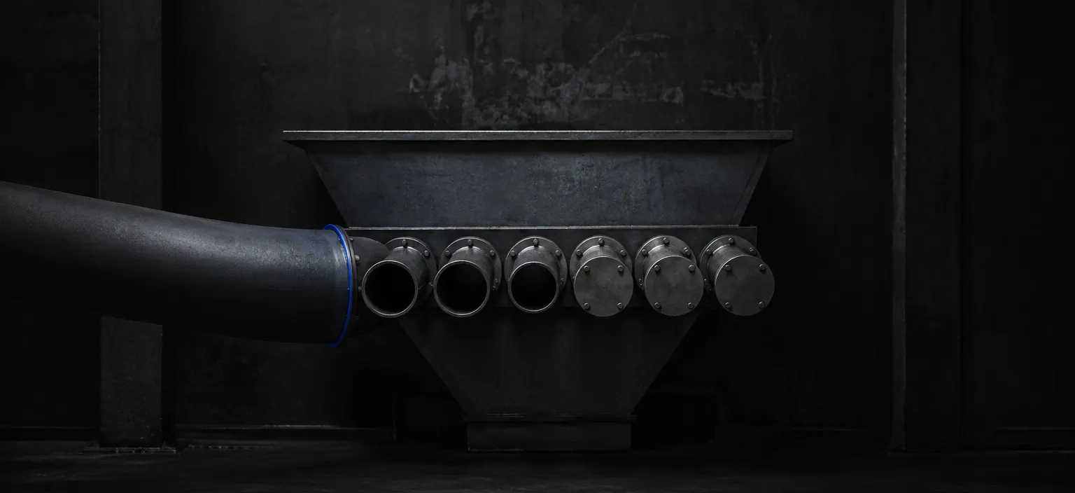 A single wide duct feeding a steel intake hopper, three old feeder tubes freshly capped and three still open beside it