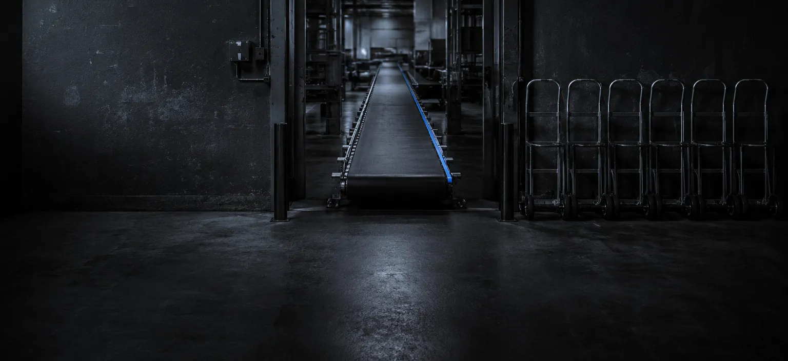 A conveyor running through a warehouse doorway, with hand trucks parked tidily to one side