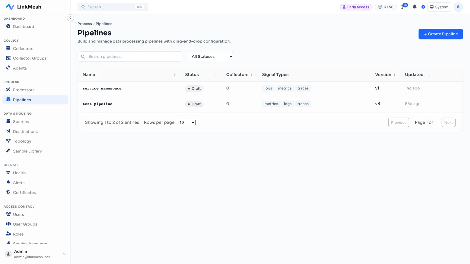 The LinkMesh pipeline builder — compose the pipeline once; the edit is committed and rendered to each collector’s config.