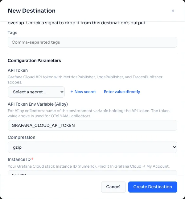 A LinkMesh destination form: the API-token field references a stored vault secret by name from a dropdown (“Select a secret…”) instead of taking a pasted credential — so the value lives encrypted in the vault and the committed config carries only the reference.